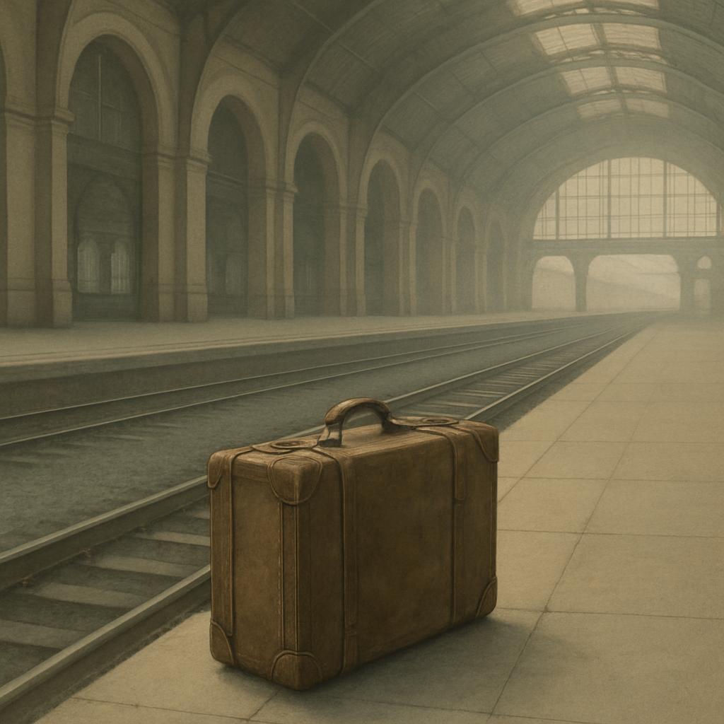 An old, brown suitcase rests alone on a train platform, its handle as worn as the delicate shadows that grace the stone ti...