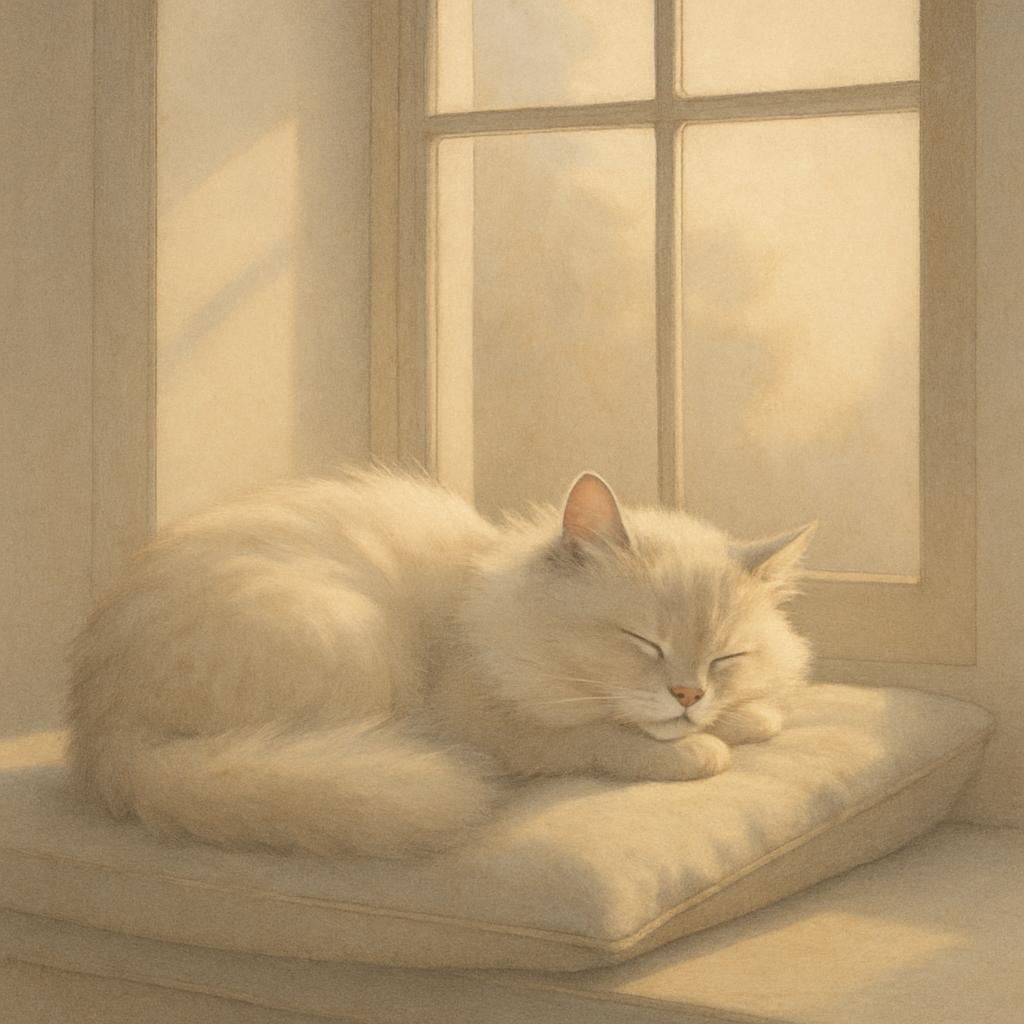 Italian Un caldo sole riluce un gatto bianco addormentato dinanzi a una finestra.