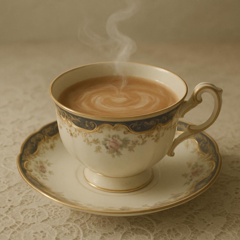 An ornate cup of steaming hot coffee on a lace tablecloth in soft lighting. un caffè in un tazza di ceramica decorata su t...